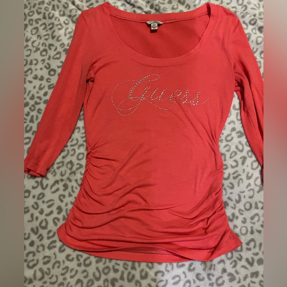 Guess Vibrant Coral Rhinestone Top